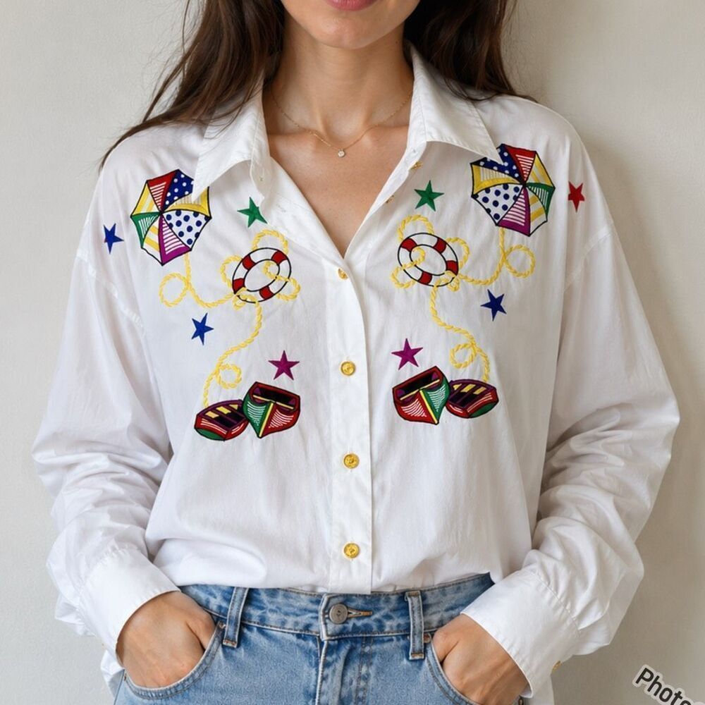 RARE Vintage Escada Margaretha Ley Nautical Embroidered Cotton Blouse 42 Large W